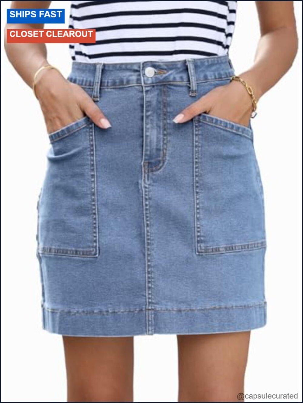 High Waisted Denim Skirt with Pockets Stretch Cotton Blend Utility Cargo Skirt